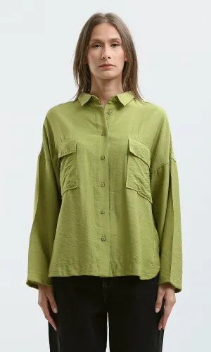 O179148 Drop-Shoulders Solid Apple Green Buttoned Shirt