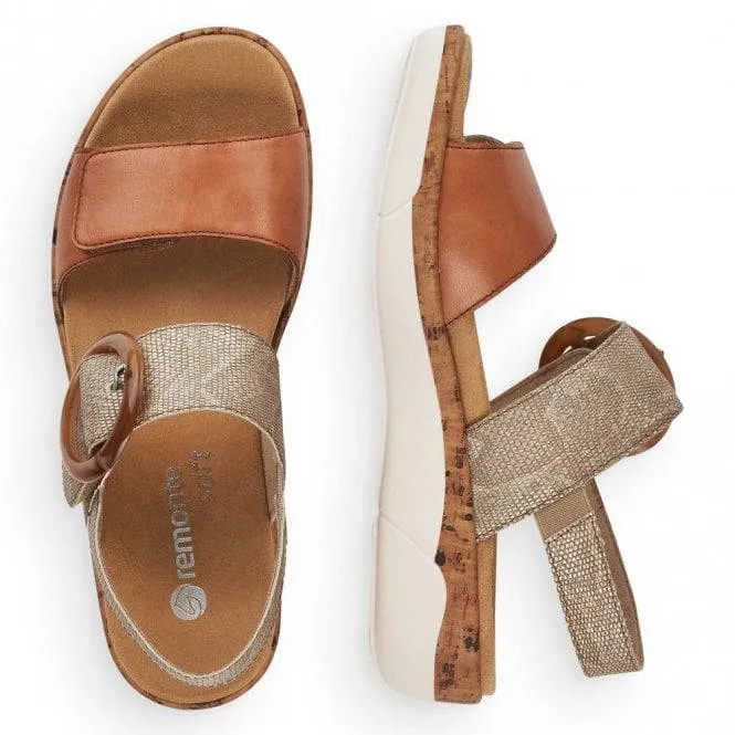 Remonte Tan & Metallic Leather Velcro & Buckle Open Toe Sandal