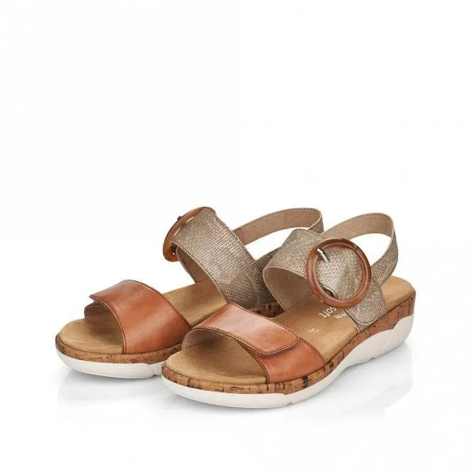 Remonte Tan & Metallic Leather Velcro & Buckle Open Toe Sandal