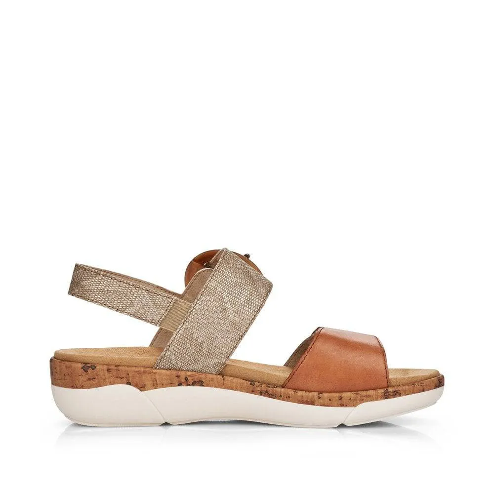 Remonte Tan & Metallic Leather Velcro & Buckle Open Toe Sandal