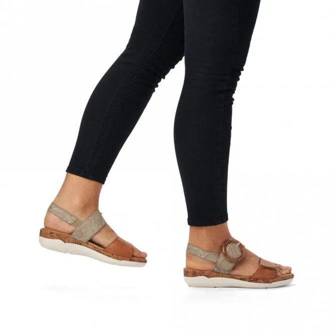 Remonte Tan & Metallic Leather Velcro & Buckle Open Toe Sandal