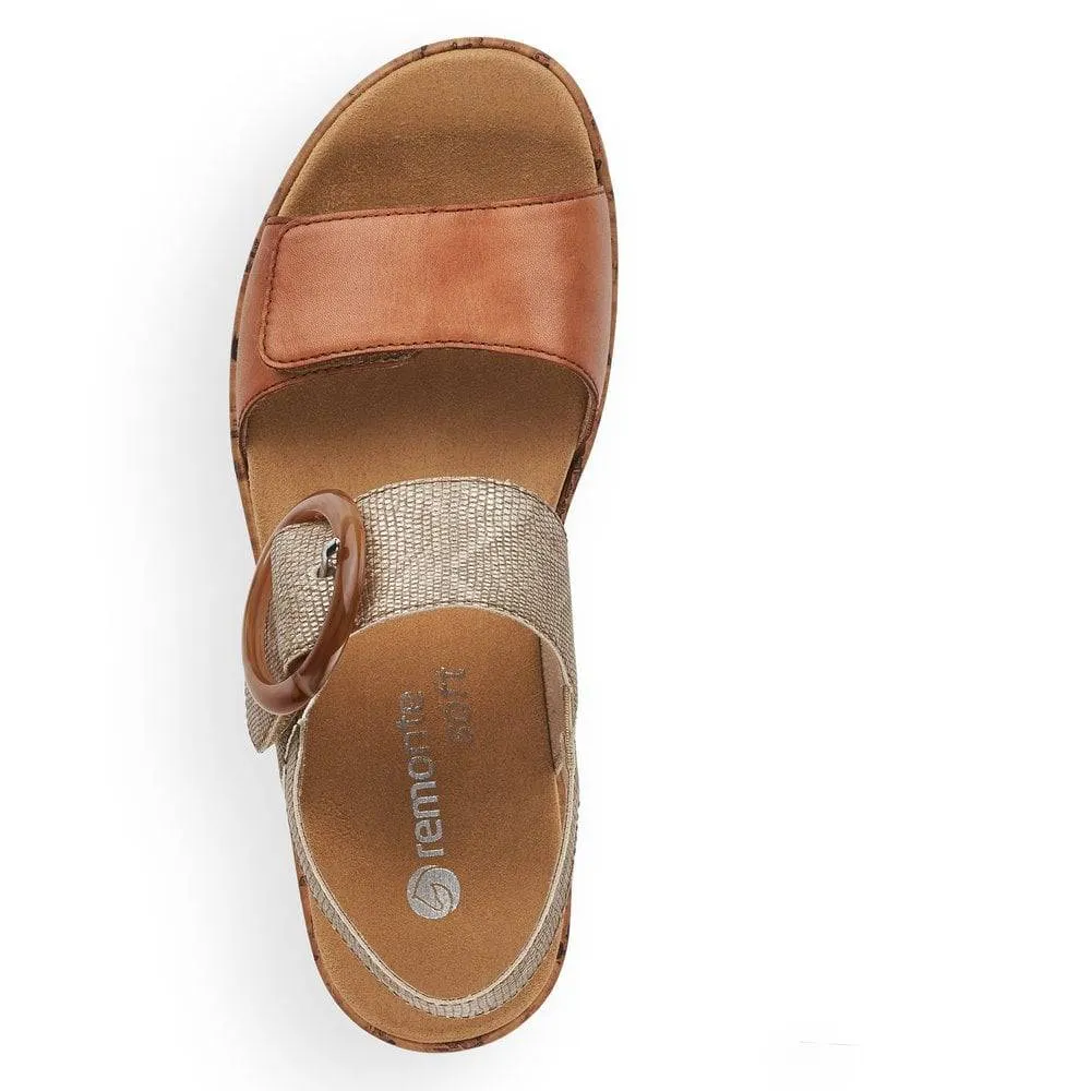 Remonte Tan & Metallic Leather Velcro & Buckle Open Toe Sandal