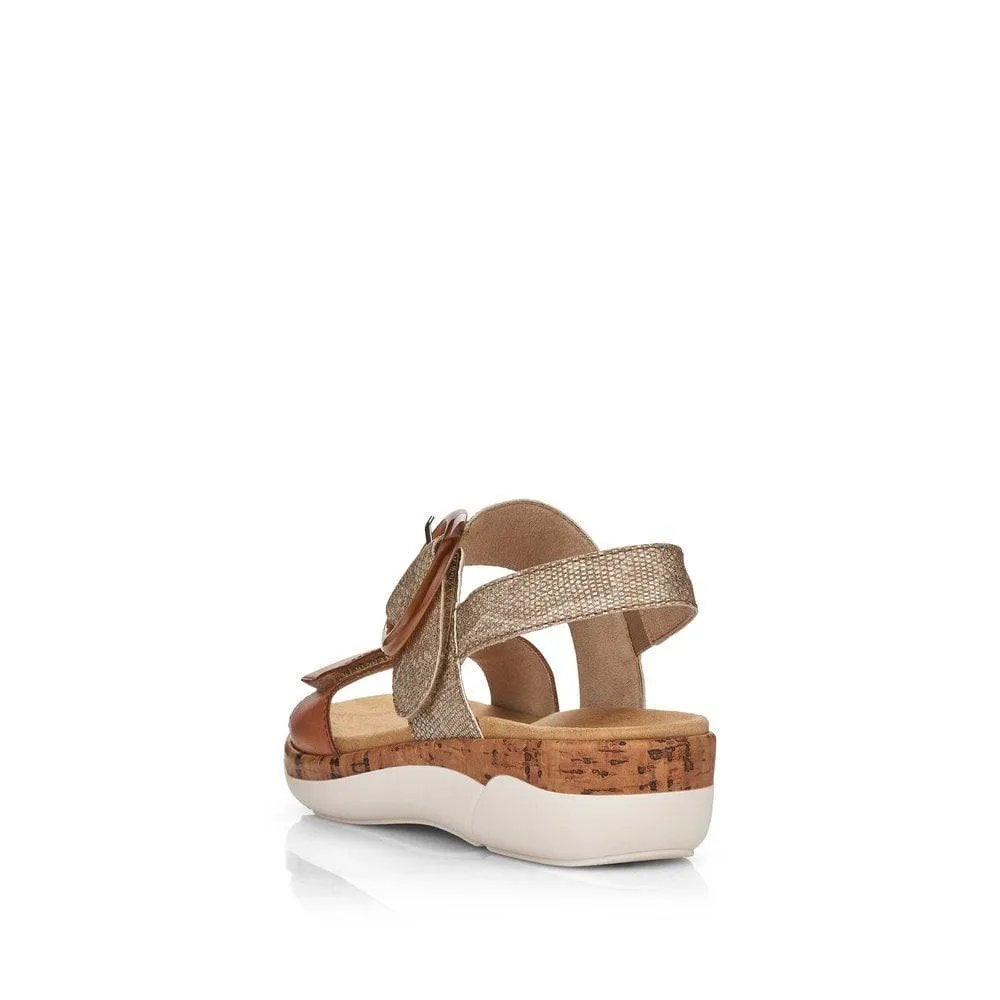 Remonte Tan & Metallic Leather Velcro & Buckle Open Toe Sandal
