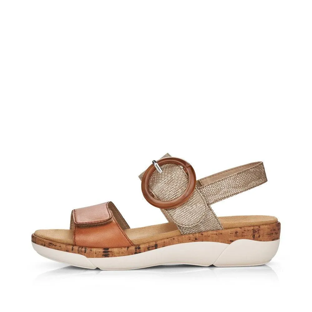 Remonte Tan & Metallic Leather Velcro & Buckle Open Toe Sandal