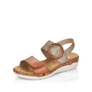 Remonte Tan & Metallic Leather Velcro & Buckle Open Toe Sandal