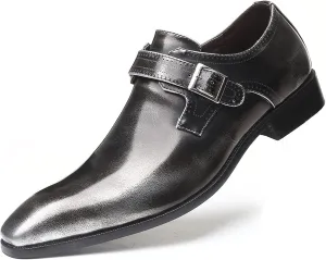 Retro Oxford for Men PU Leather Slip On Style Buckle Monk Strap Pointed Toe Dress Shoes Block Heel Solid Color Formal Men