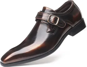 Retro Oxford for Men PU Leather Slip On Style Buckle Monk Strap Pointed Toe Dress Shoes Block Heel Solid Color Formal Men