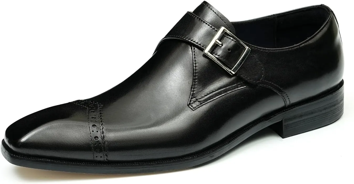 Santimon Mens Loafers Formal Dress Genuine Leather Square Toe Monk Strap Loafers Fashion Prom Wedding Business Casual Tuxedo Mocasines Comfortable Suit Shoes for Men