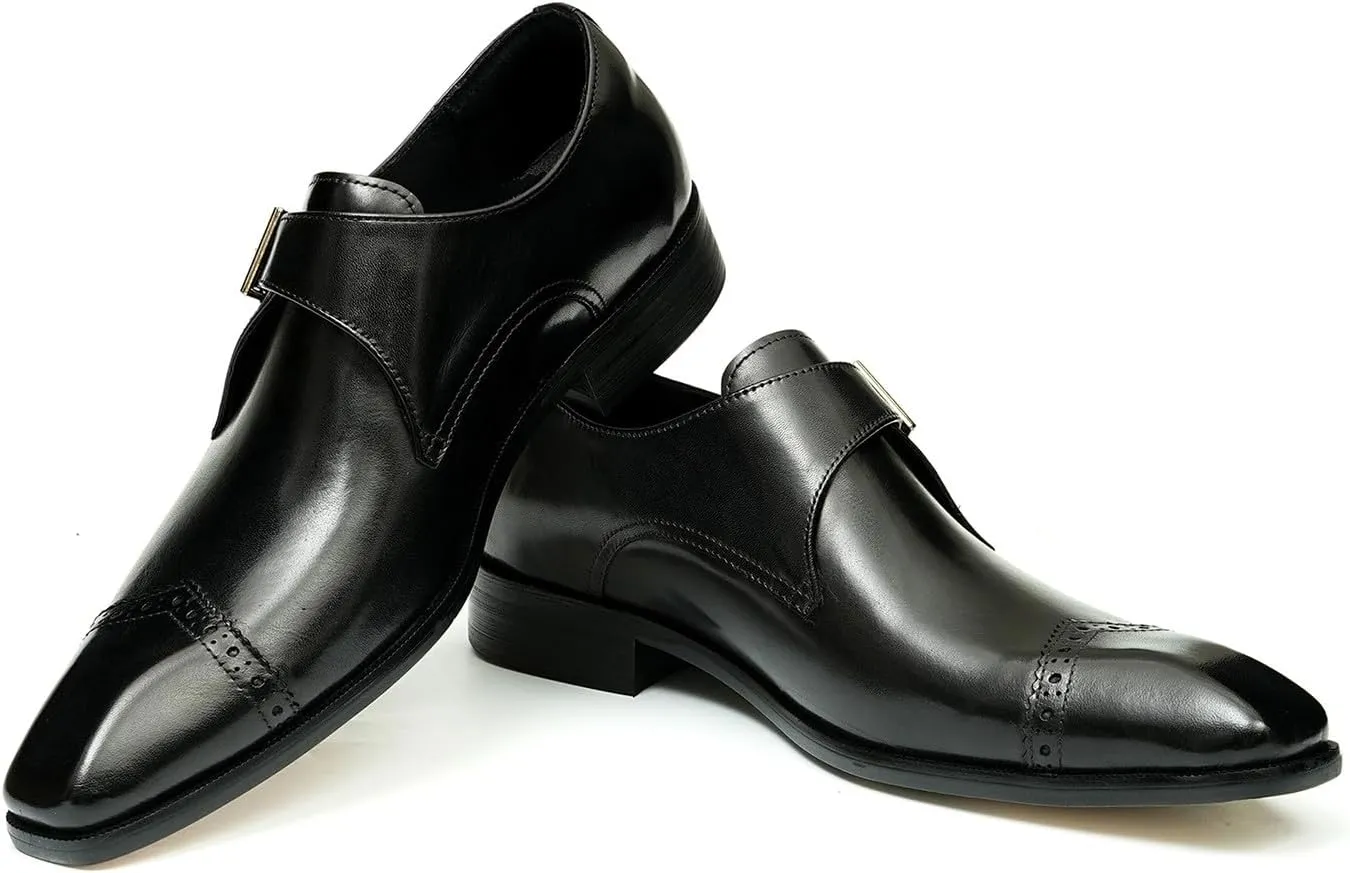 Santimon Mens Loafers Formal Dress Genuine Leather Square Toe Monk Strap Loafers Fashion Prom Wedding Business Casual Tuxedo Mocasines Comfortable Suit Shoes for Men