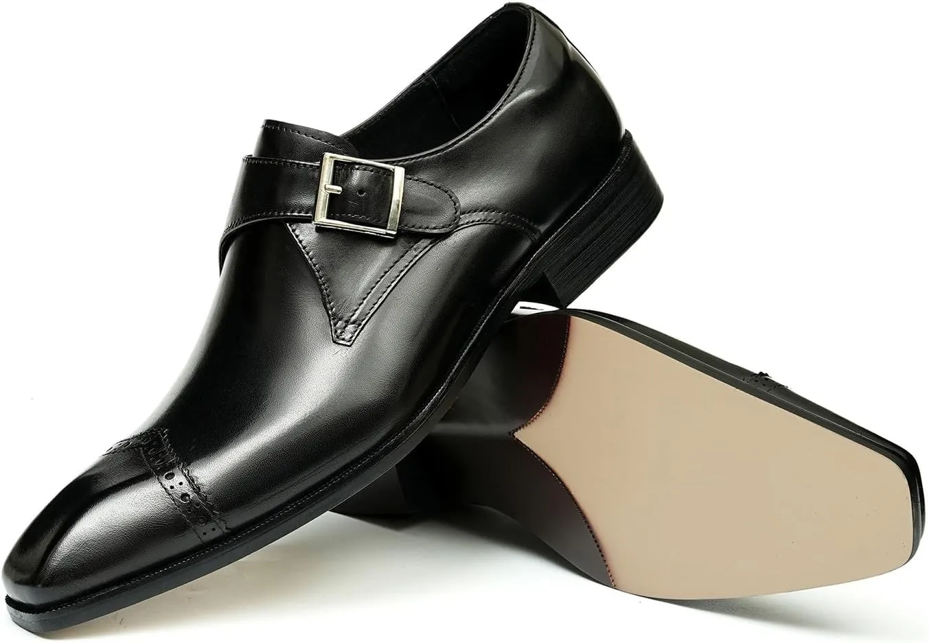 Santimon Mens Loafers Formal Dress Genuine Leather Square Toe Monk Strap Loafers Fashion Prom Wedding Business Casual Tuxedo Mocasines Comfortable Suit Shoes for Men
