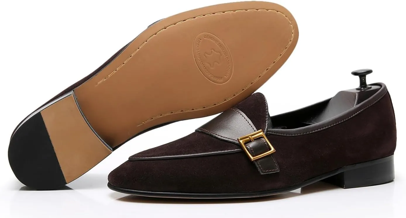 Santimon Men's Velvet Penny Loafers with Gold Buckle, Genuine Leather Formal Dress Slip On Shoes,Prom Wedding Tuxedo Shoes for Men