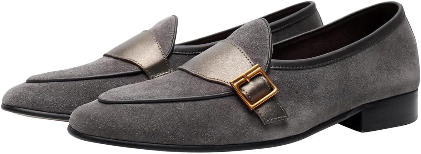 Santimon Men's Velvet Penny Loafers with Gold Buckle, Genuine Leather Formal Dress Slip On Shoes,Prom Wedding Tuxedo Shoes for Men