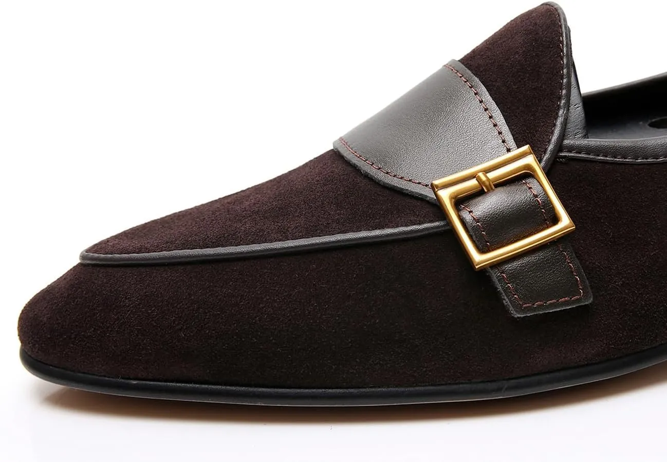 Santimon Men's Velvet Penny Loafers with Gold Buckle, Genuine Leather Formal Dress Slip On Shoes,Prom Wedding Tuxedo Shoes for Men