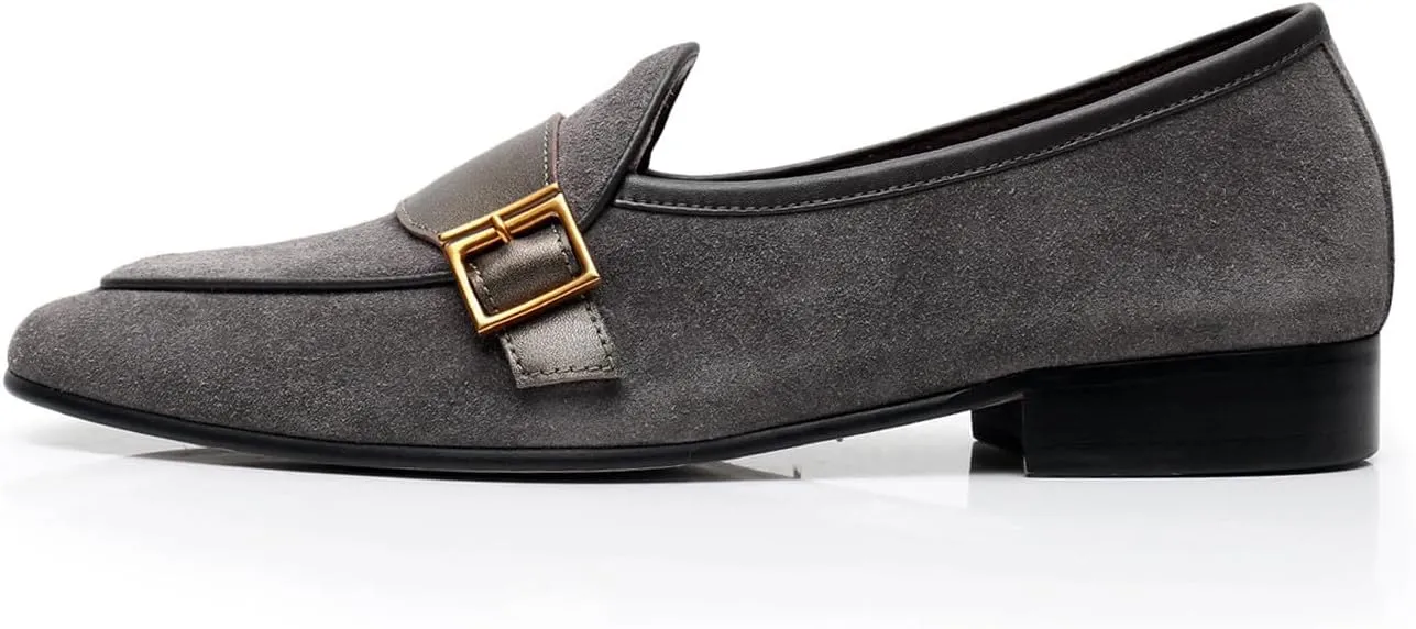 Santimon Men's Velvet Penny Loafers with Gold Buckle, Genuine Leather Formal Dress Slip On Shoes,Prom Wedding Tuxedo Shoes for Men