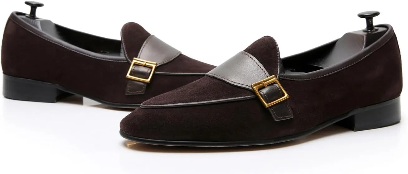 Santimon Men's Velvet Penny Loafers with Gold Buckle, Genuine Leather Formal Dress Slip On Shoes,Prom Wedding Tuxedo Shoes for Men