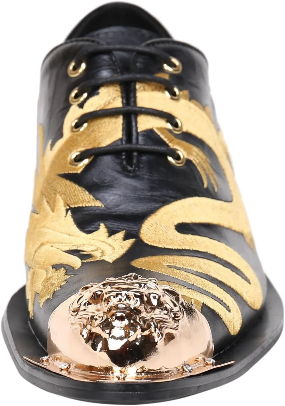 Santimon Mens Western Pointed Toe Leather Lace Up Dress Shoes Fashion Embroidery Metal Tip Oxford