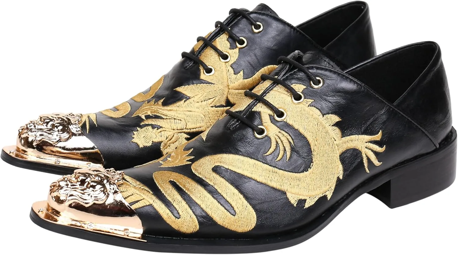 Santimon Mens Western Pointed Toe Leather Lace Up Dress Shoes Fashion Embroidery Metal Tip Oxford