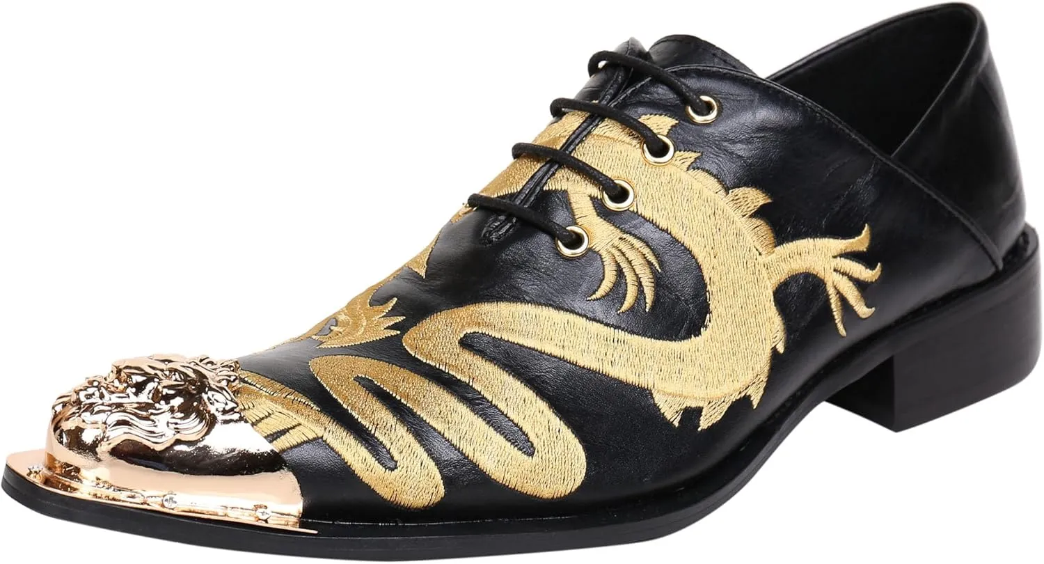 Santimon Mens Western Pointed Toe Leather Lace Up Dress Shoes Fashion Embroidery Metal Tip Oxford