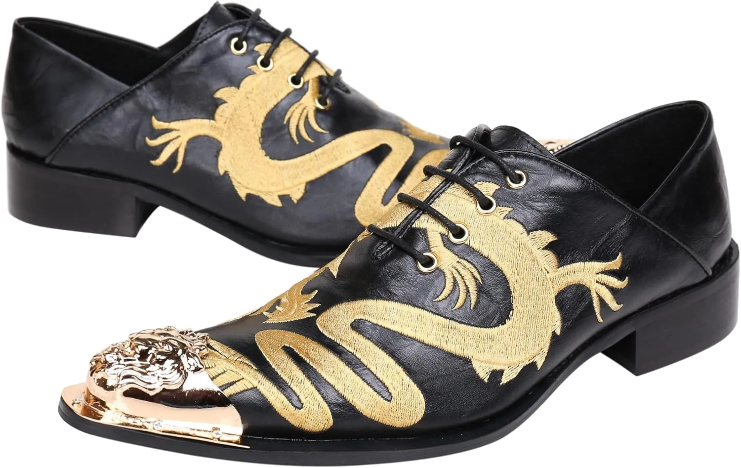 Santimon Mens Western Pointed Toe Leather Lace Up Dress Shoes Fashion Embroidery Metal Tip Oxford