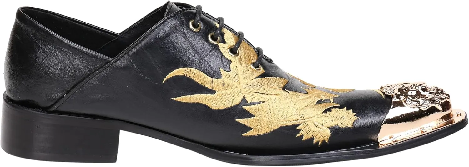 Santimon Mens Western Pointed Toe Leather Lace Up Dress Shoes Fashion Embroidery Metal Tip Oxford
