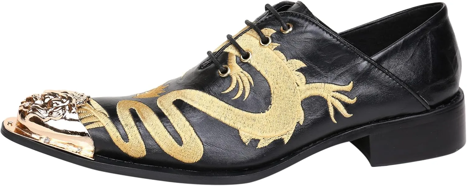 Santimon Mens Western Pointed Toe Leather Lace Up Dress Shoes Fashion Embroidery Metal Tip Oxford