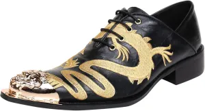 Santimon Mens Western Pointed Toe Leather Lace Up Dress Shoes Fashion Embroidery Metal Tip Oxford