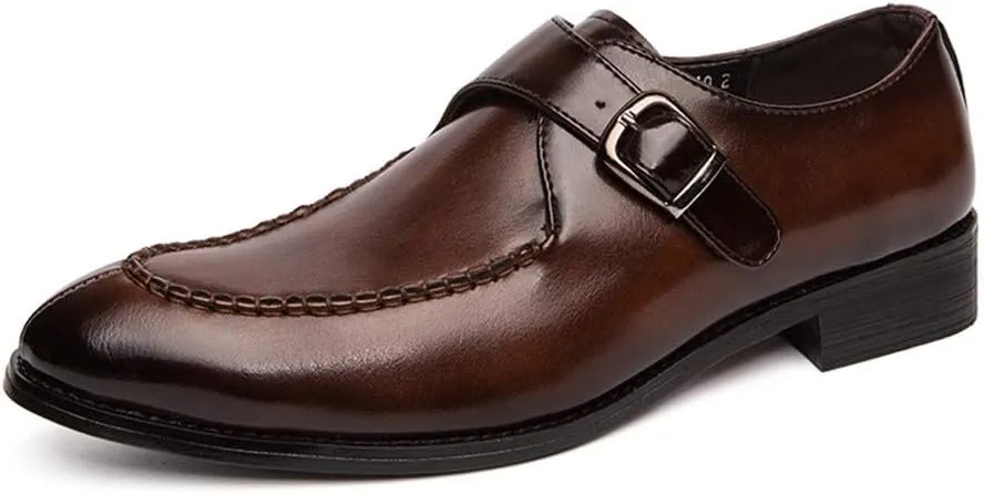 Single Season Formal Shoes Dress Oxford for Men Slip On Round Split Toe Monk Strap Faux Leather Slip Resistant Low Top Anti-Slip Block Heel Casual Very Popular Among Young People (Color Brown