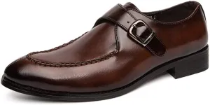 Single Season Formal Shoes Dress Oxford for Men Slip On Round Split Toe Monk Strap Faux Leather Slip Resistant Low Top Anti-Slip Block Heel Casual Very Popular Among Young People (Color Brown