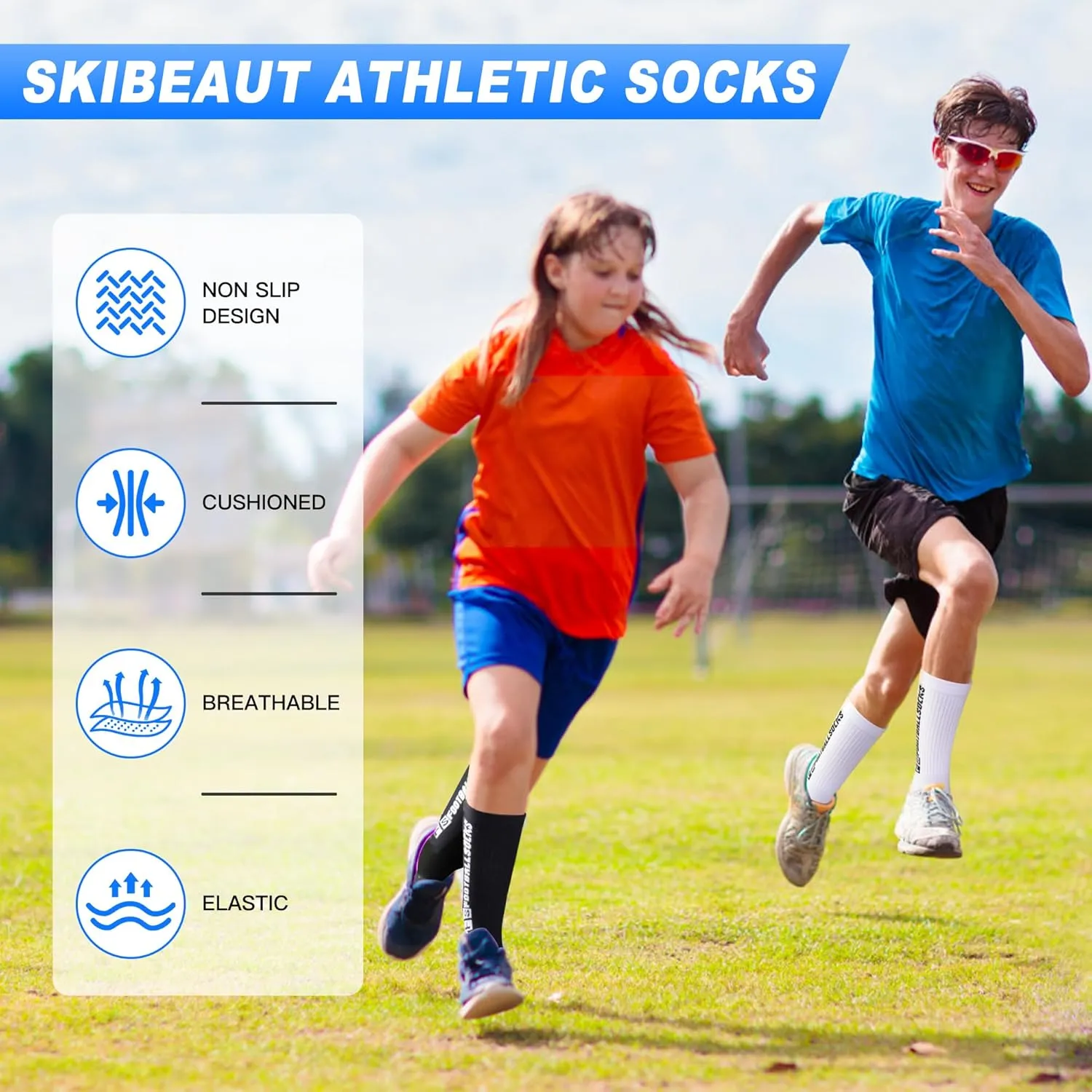 SkiBeaut Kids Soccer Grip Athletic Socks, 4 Pack Anti Skid Football Youth Grippy Slipper Socks for Youth Boy Girl 4-16 Years