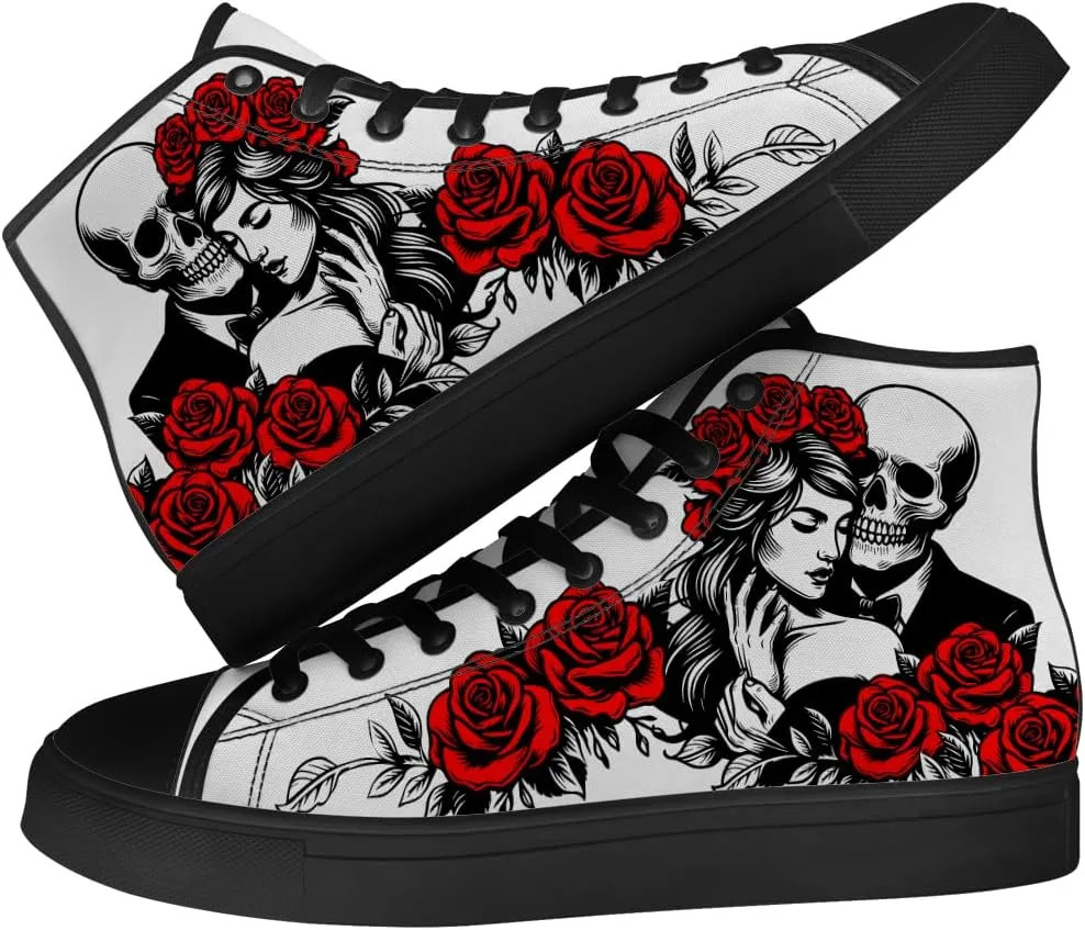 Skull Shoes for Men Women Gothic Skull High Top Canvas Sneakers Lace Up Casual Walking Shoes Gifts for Mama Papa
