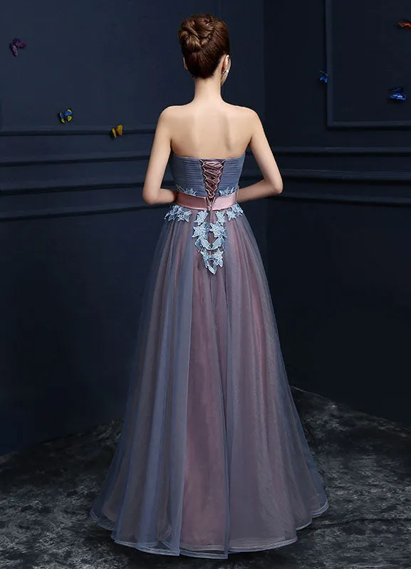 Steel Blue Applique Lace Up Strapless Tulle Floor Length Party Dress