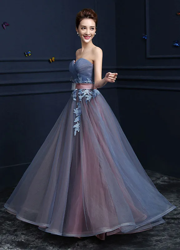 Steel Blue Applique Lace Up Strapless Tulle Floor Length Party Dress