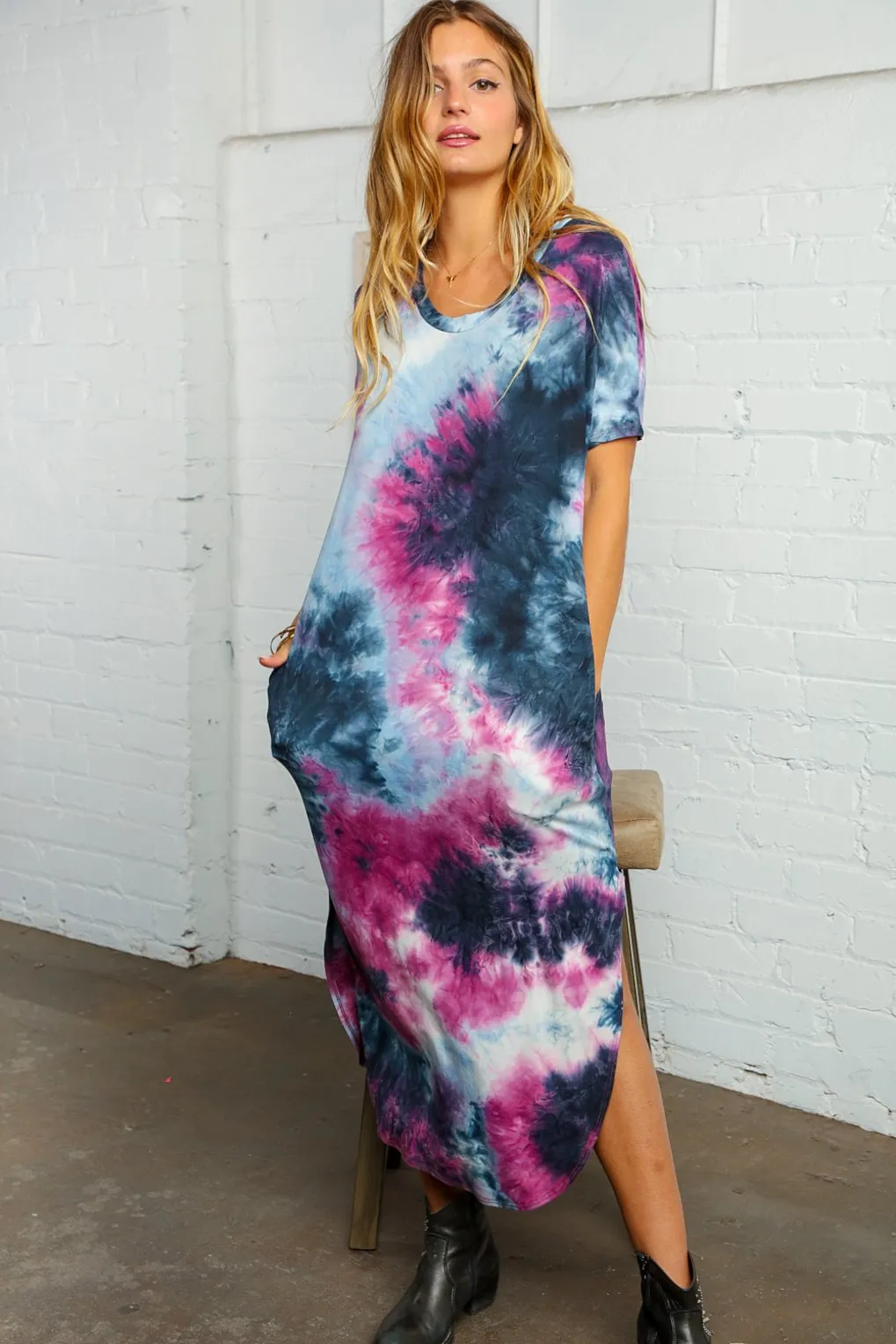 Tie Dye Maxi Dress with Slits and Pockets