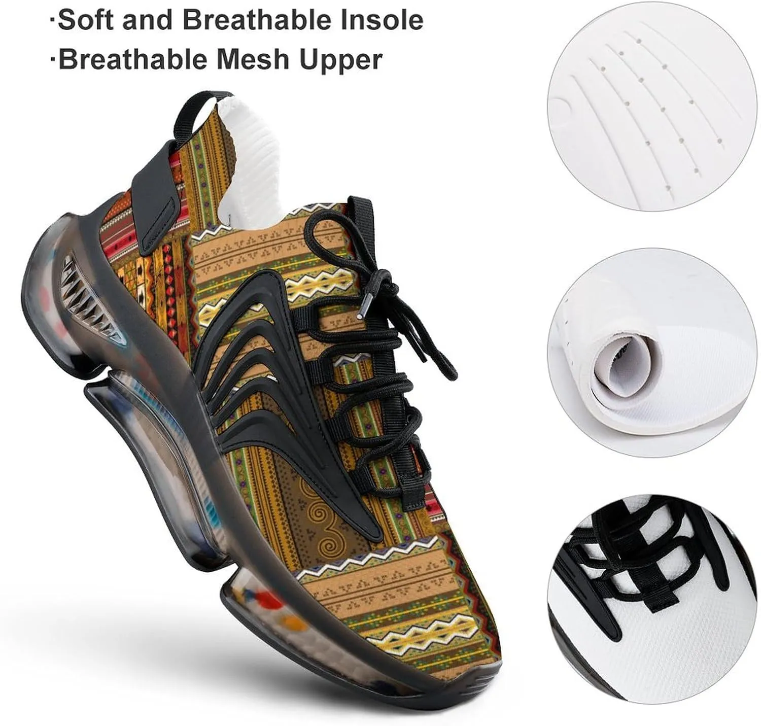 Traditional African Pattern Walking Shoes for Men Lightweight Tennis Fashion Elastic Sports Shoes Cushion Basketball Shoes