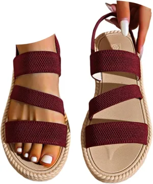 Women's Summer Flat Sandals Open Toe Slingback Comfortable Slip-On Sandals Non Slip Elastic Ankle Strap Walking Sandals Outdoor Sport Walking Casual Sandals