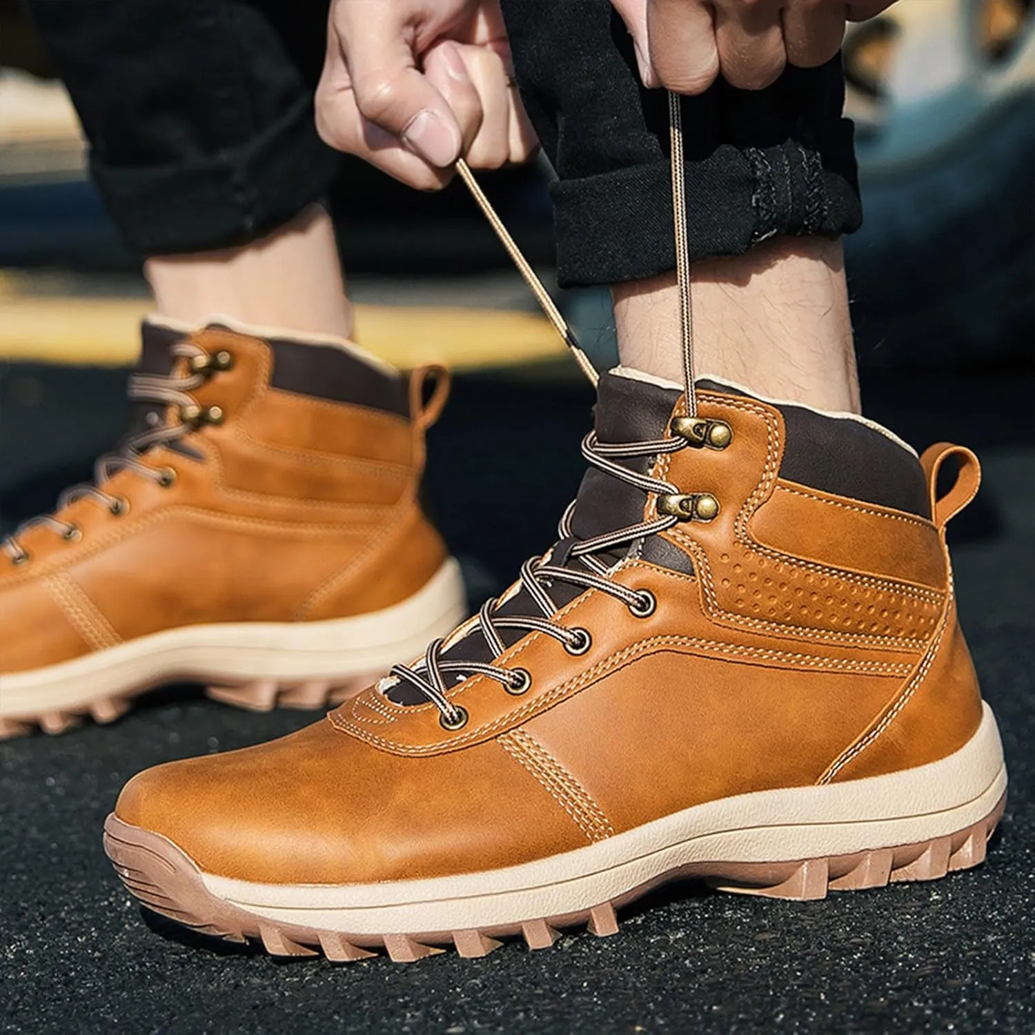 Work Boots for Men Slip On Hiking Sneakers Fur Lined Ankle Boot Womens Safety Shoes Slip On Waterproof Outdoor Shoes Lightweight Anti Slip Hike Grounded Footwear